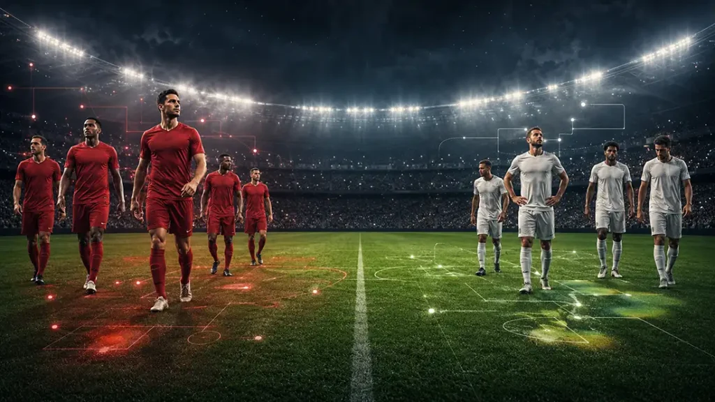 AI World Cup 2026 prediction image showing generic football players representing favorites and dark horses in a stadium with football analytics visuals.
