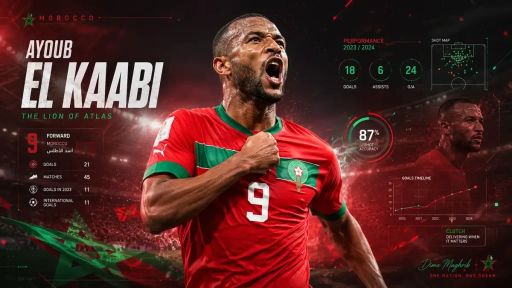 AI World Cup 2026 Golden Boot dark horse Ayoub El Kaabi celebrating for Morocco with data analytics graphics