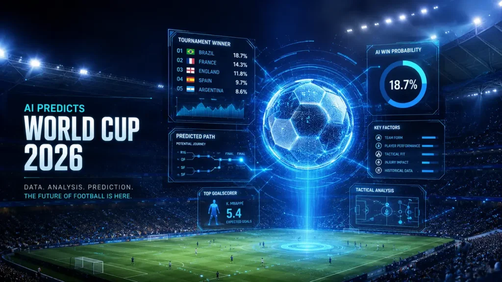 AI prediction of the 2026 World Cup with a digital football, stadium lights, and data analytics graphics