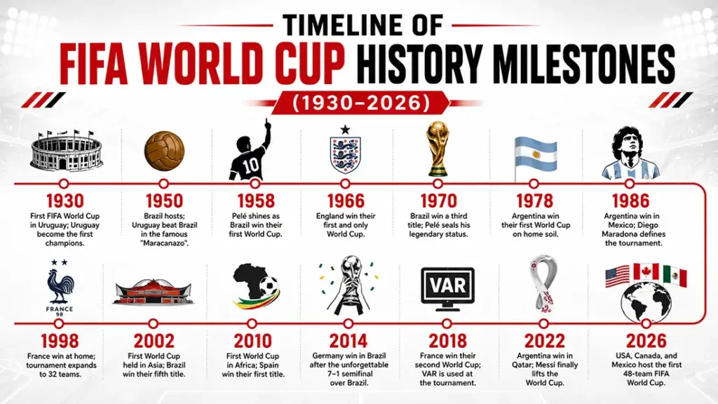 Timeline infographic of FIFA World Cup history milestones from 1930 to 2026, showing key tournaments and iconic events including Uruguay 1930, Maracanazo 1950, Pelé in 1958 and 1970, England 1966, Argentina 1978 and 1986, France 1998, Asia 2002, South Africa 2010, Germany 2014, VAR in 2018, Argentina and Messi in 2022, and the 2026 World Cup hosted by the USA, Canada, and Mexico.