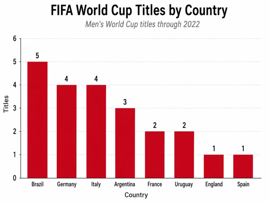 Bar chart showing FIFA World Cup titles by country through 2022, with Brazil on 5 titles, Germany and Italy on 4, Argentina on 3, France and Uruguay on 2, and England and Spain on 1.