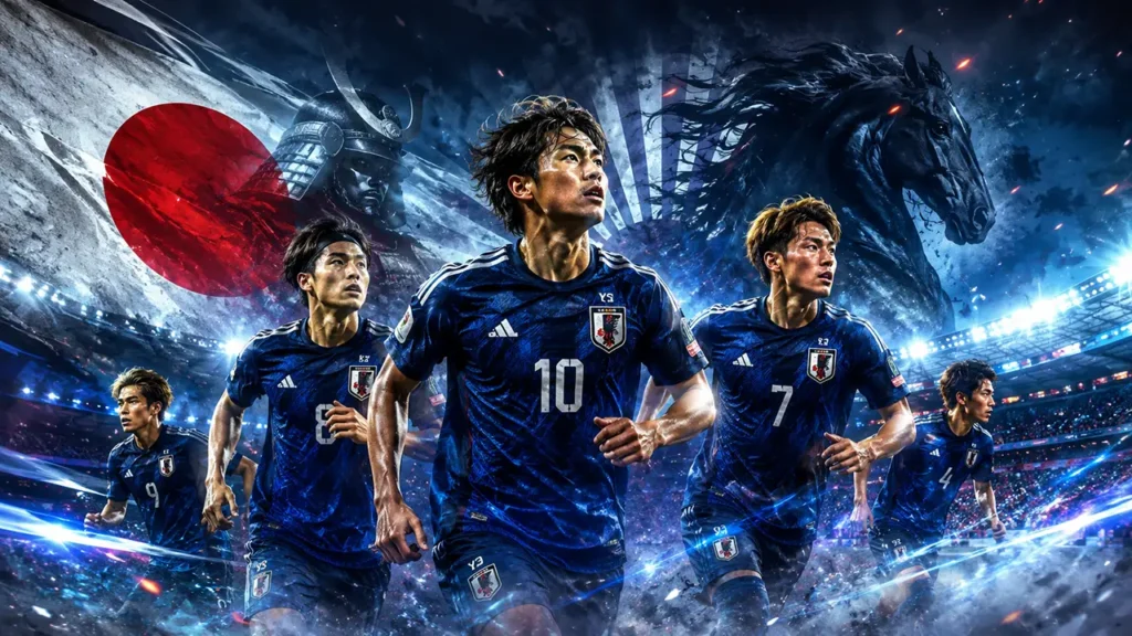 Japan national team portrayed as a World Cup 2026 dark horse, with players in blue kits charging forward in a dramatic stadium scene