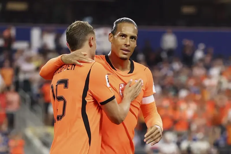 Netherlands players celebrate the opening goal against Japan at World Cup 2026