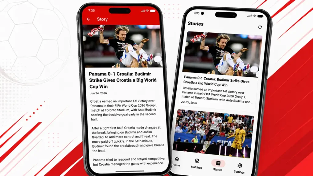 VibraGol app showing football stories list and story details screen in a clean mobile interface