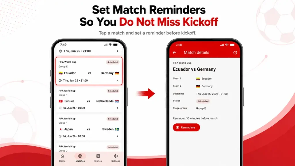 VibraGol app showing a football match list and match details screen with a reminder button before kickoff