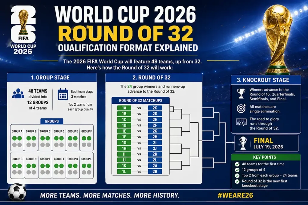 Infographic explaining the World Cup 2026 Round of 32 qualification format with 48 teams, 12 groups, knockout bracket, stadium lights, and trophy graphics